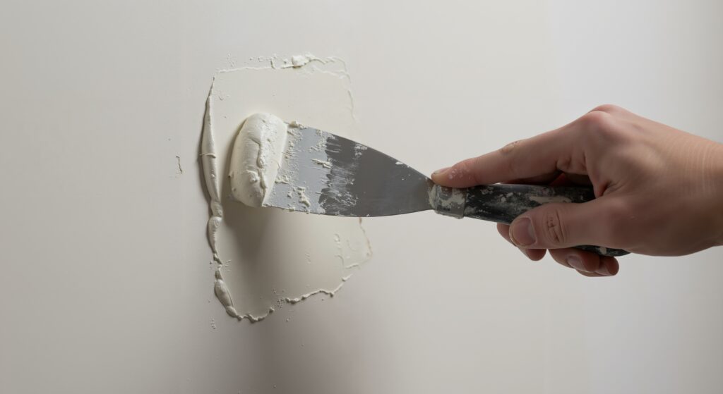 Hand Applying Spackling Compound To Wall For Home Repair And Renovation